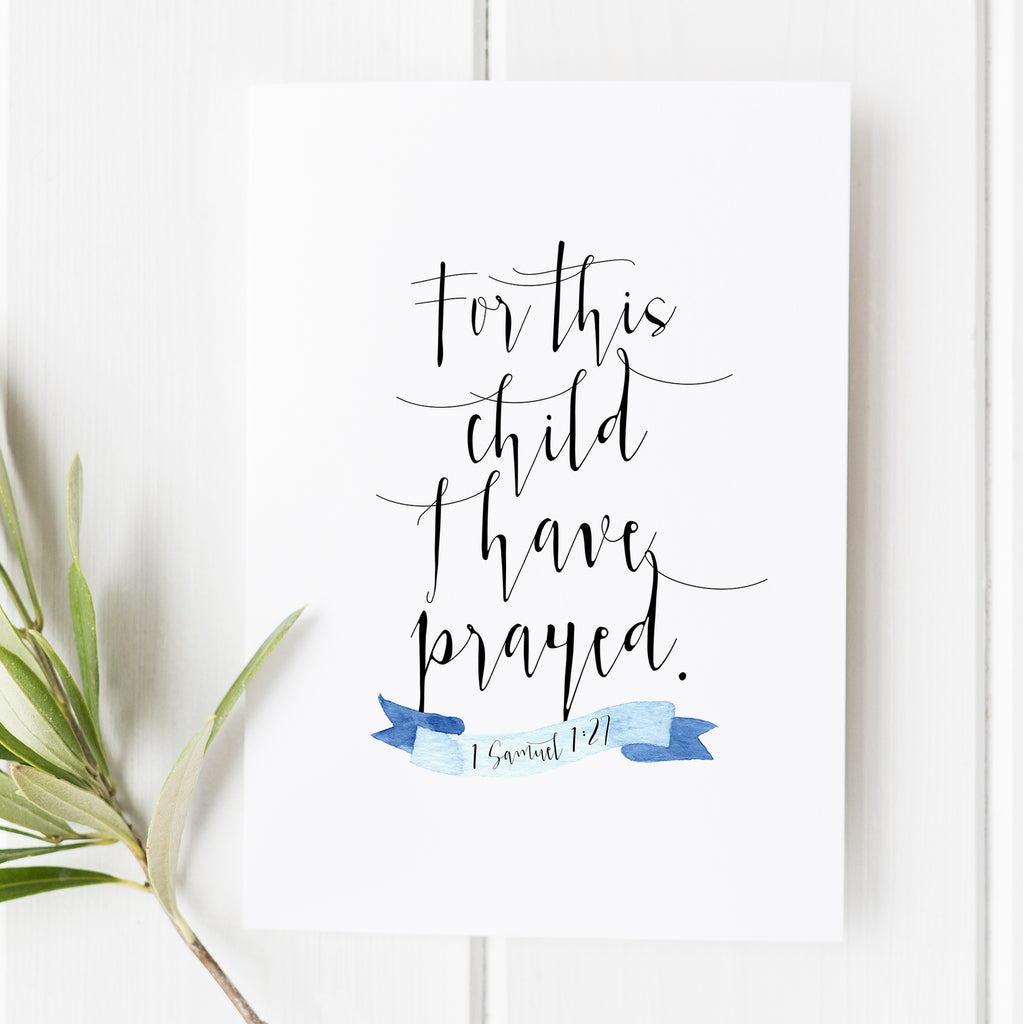 For This Child I Have Prayed scripture print with blue ribbon accent, Christian wall art for baby nursery, perfect Christmas gift for new parents.