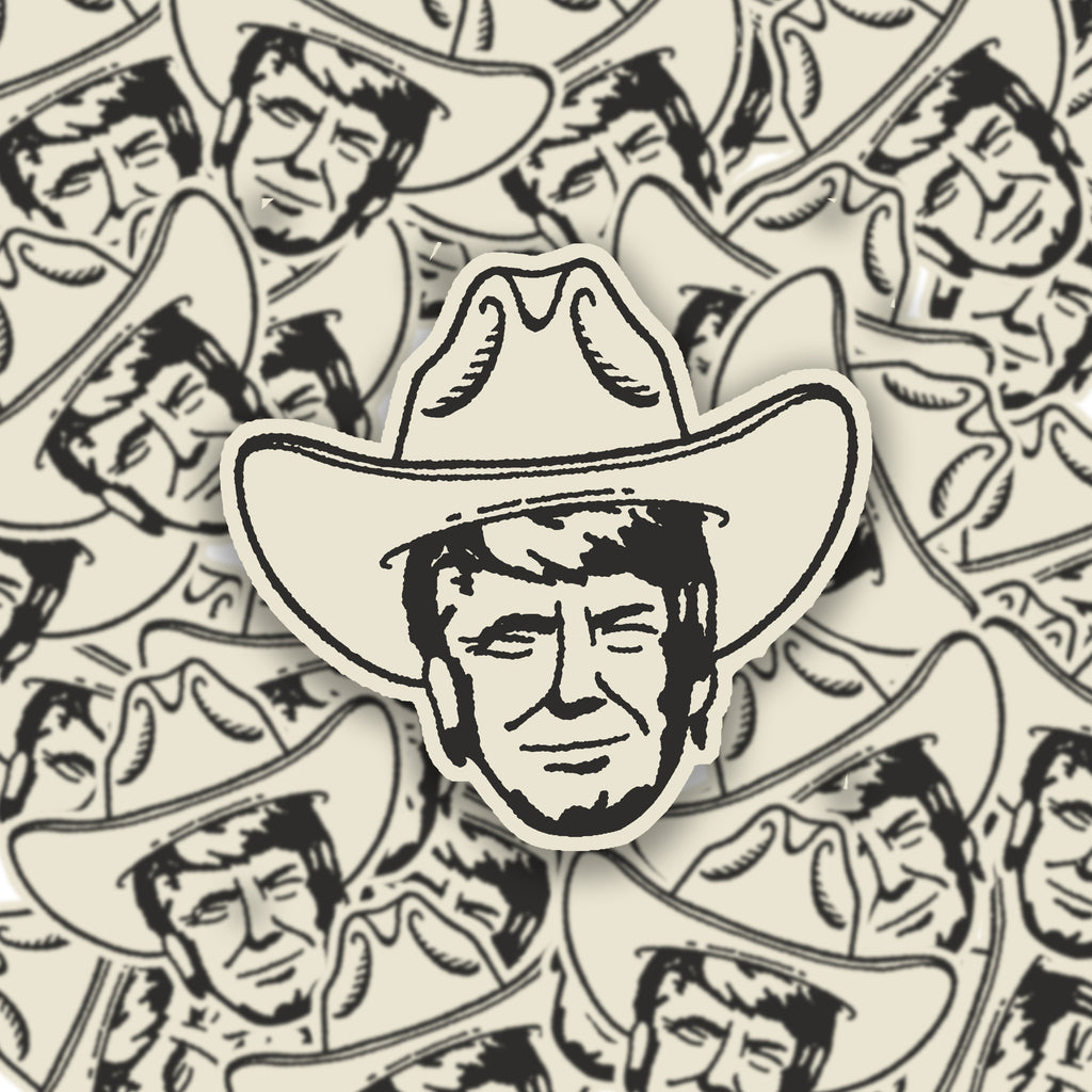 Trump cowboy hat sticker featuring Western-themed design, perfect for cars, laptops, and more. Pro-Trump vinyl decal for Trump 2024 campaign. Durable, weather-resistant, ideal for conservative supporters.