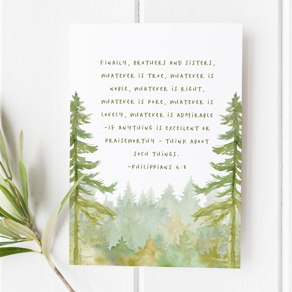 Bible verse art print featuring a watercolor forest and Phillippians 4:8
