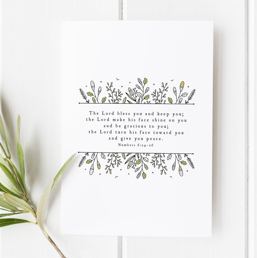 Minimalist Numbers 6:24-26 Bible verse print featuring hand-drawn floral design. Perfect for Christian wall decor, faith-based home accents, or as an inspirational religious gift. High-quality scripture art for homes, nurseries, and prayer spaces. Ideal for gifting.