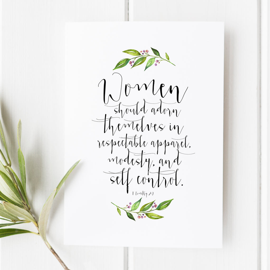Hand-lettered 1 Timothy 2:9 scripture print with watercolor greenery and berries, Christian wall art for women, modesty and faith decor gift.