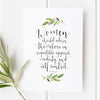 Hand-lettered 1 Timothy 2:9 scripture print with watercolor greenery and berries, Christian wall art for women, modesty and faith decor gift.
