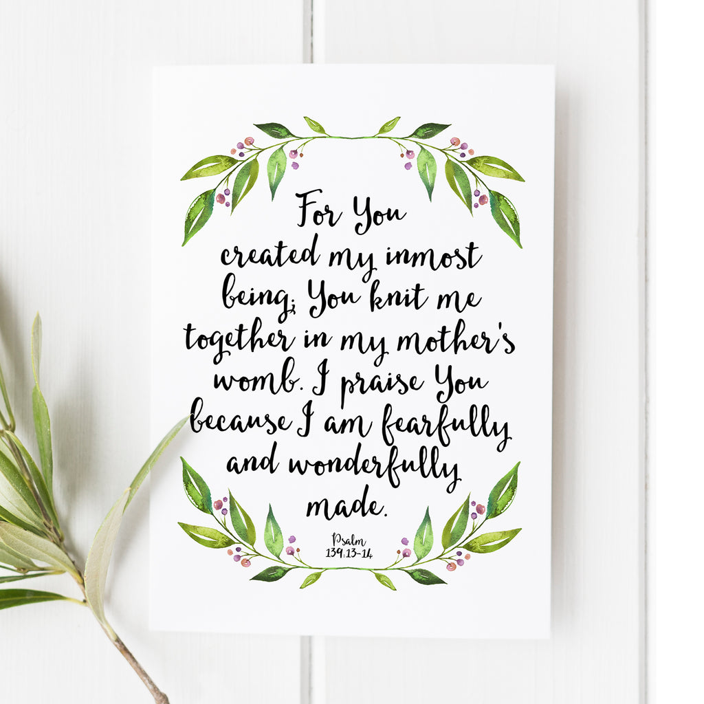 Psalm 139:13-14 wall art print featuring beautiful calligraphy and botanical wreath design. Perfect for Christian home decor, nursery, or gift. Inspirational Bible verse emphasizing being fearfully and wonderfully made. Ideal for personal reflection and religious decor.