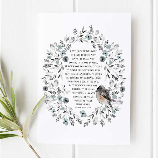 Love is Patient 1 Corinthians 13:4-8 floral scripture print, Christian home decor featuring a watercolor wreath and bird design, perfect for weddings, anniversaries, or inspirational wall art. Available in 5x7, 8x10, and 11x14 sizes for easy framing.