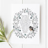 Love is Patient 1 Corinthians 13:4-8 floral scripture print, Christian home decor featuring a watercolor wreath and bird design, perfect for weddings, anniversaries, or inspirational wall art. Available in 5x7, 8x10, and 11x14 sizes for easy framing.