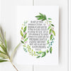 1 Peter 3:3-4 scripture print with elegant green foliage design, inspiring message about inner beauty and gentle spirit, perfect faith-based decor and Christmas gift idea.