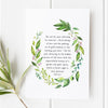 Elegant scripture print featuring 1 Peter 3:3-4 in a wreath design of green and purple leaves, inspiring inner beauty and spiritual grace; perfect faith-based gift or decor.